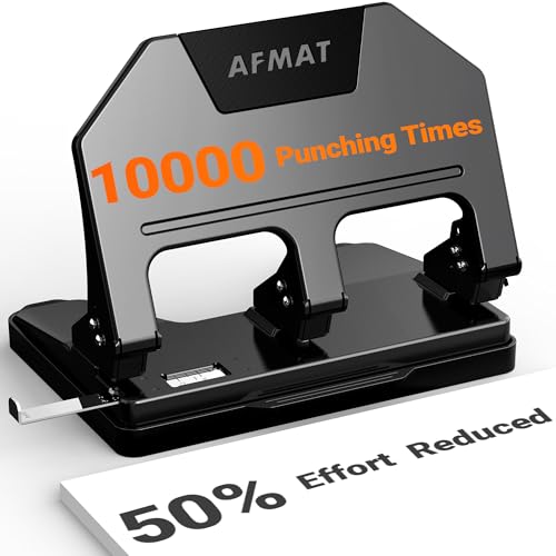 AFMAT 3 Hole Punch Heavy Duty, 9/32" Hole Diameter, 40-Sheet 3 Hole Puncher for Binder, 50% Reduced Effort, Metal Three Hole Punch w/ 10,000+ Uses, Bulit-in S.S. Paper Guide, Large Chip Tray, HPX3 Black 40-Sheet Capacity