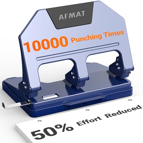 AFMAT 3 Hole Punch, 9/32" Holes, 40-Sheet 3 Hole Puncher for Binder, 50% Reduced Effort, Metal Heavy Duty Three Hole Punch w/ 10,000+ Uses, Bulit-in S.S. Paper Guide, Large Chip Tray, Blue, HPX3 40-Sheet Capacity