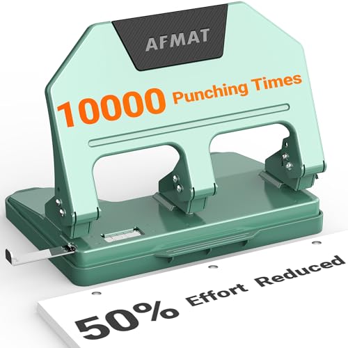 AFMAT 3 Hole Punch, 9/32" Holes, 40-Sheet 3 Hole Puncher for Binder, 50% Reduced Effort, Metal Heavy Duty Three Hole Punch w/ 10,000+ Uses, Bulit-in S.S. Paper Guide, Large Chip Tray, Green, HPX3 40-Sheet Capacity