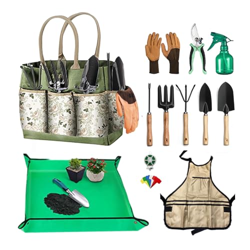 Gardening Hand Tools,14 Pieces Stainless Steel Heavy-Duty Gardening Hand Tools with Delicate Storage Bag, Aprons and Anti-Slip Rubber Gloves, Ideal Gardenings Gifts for Women