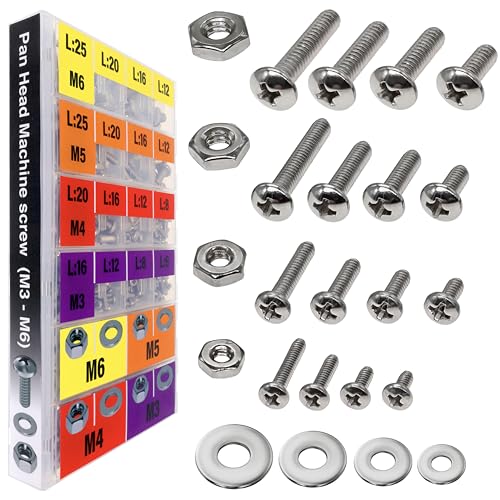 EEEEE 901pcs Phillips Pan Head Metric M3 M4 M5 M6, Machine Screw Assortment Kit Assorted Screws 304 Stainless Steel and Nut Set Flat Washers Nuts Hardware with Snap Lock Case Metric Pan Head Silver Machine Screw