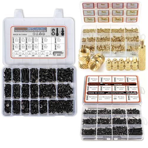 Brass Threaded Inserts Kit & M2 Metric Hex Socket Head Cap Screws Kit & M3 M4 M5 Metric Hex Socket Head Cap Screws Kit