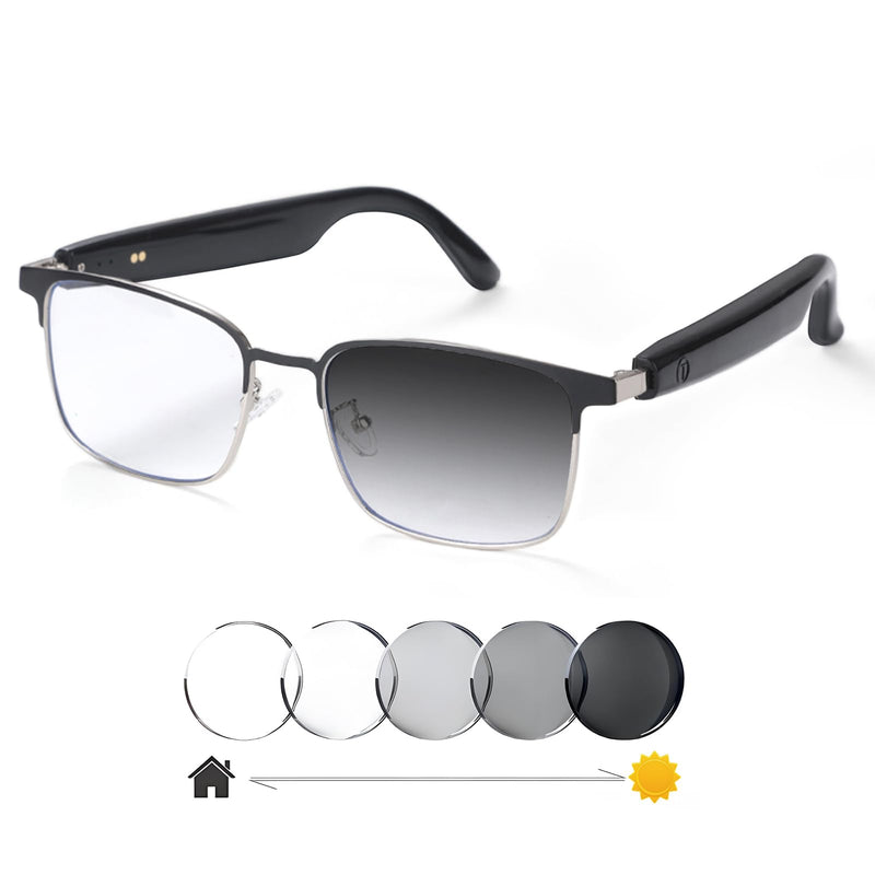 Smart Bluetooth Glasses for Women Men with Speaker Physical Color-Change Anti-Blue Light Polarized Built-in Microphone for Android iOS (Silver Frame) Silver-Physical color-chang lens