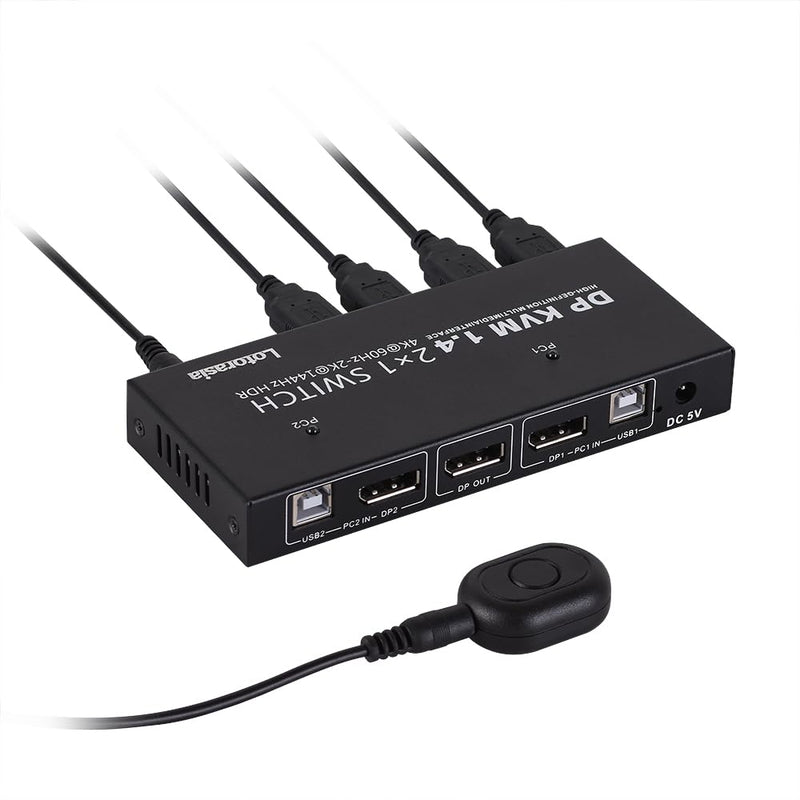 Displayport KVM Switch 1 Monitor 2 Computers, 4K@60Hz DP KVM Switch 2 in 1 Out USB KVM Switcher with 4 USB Ports, Include Desktop Controller, 2 USB Cables and Power Adapter