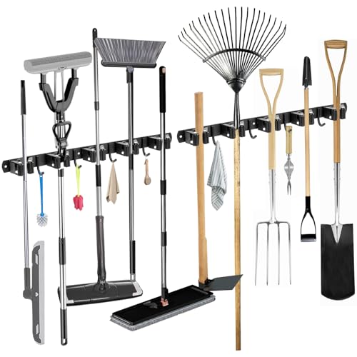 Pack of 2 broom holder, wall, garden tool holder, made of stainless steel | 10 Holders + 8 Hooks Heavy Duty Device Holder Self-Adhesive Broom Mop Holder Wall Mount for Kitchen Bathroom Garage Garden