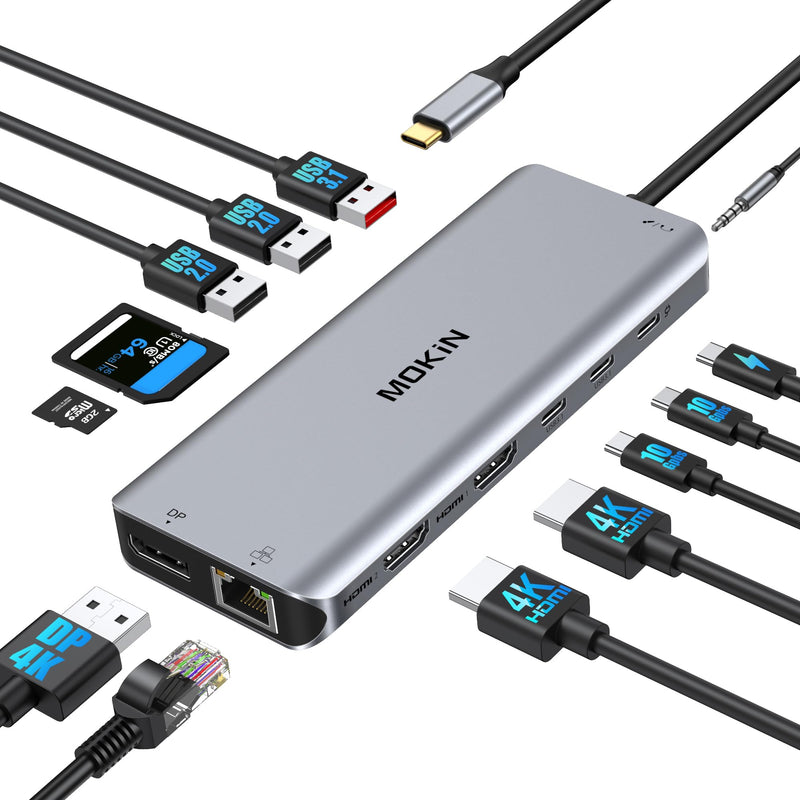 USB C Laptop Docking Station Dual Monitor Dual HDMI 4k DP Triple Display Hub 10G, 13 in 1 MOKiN USB C Hub with 3 Monitors,Displayport,USB3.1,RJ45,100W PD,Card Reader,Audio/Mic, for Dell HP Lenovo Silver