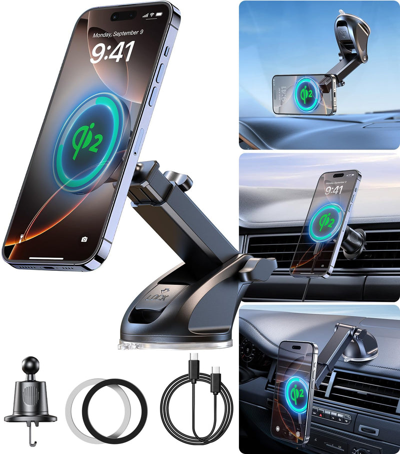 【Qi2 Certified・90LBS Vacuum Magnetic Suction】 15W Fast Wireless Car Charger Mount for Magsafe, 360° Adjustable Arm, Dashboard/Windshield/Vent Phone Holder+Cable Organaizer for iPhone 17/16/15 Pro Max C-DashVentWindshield+Qi2Charger