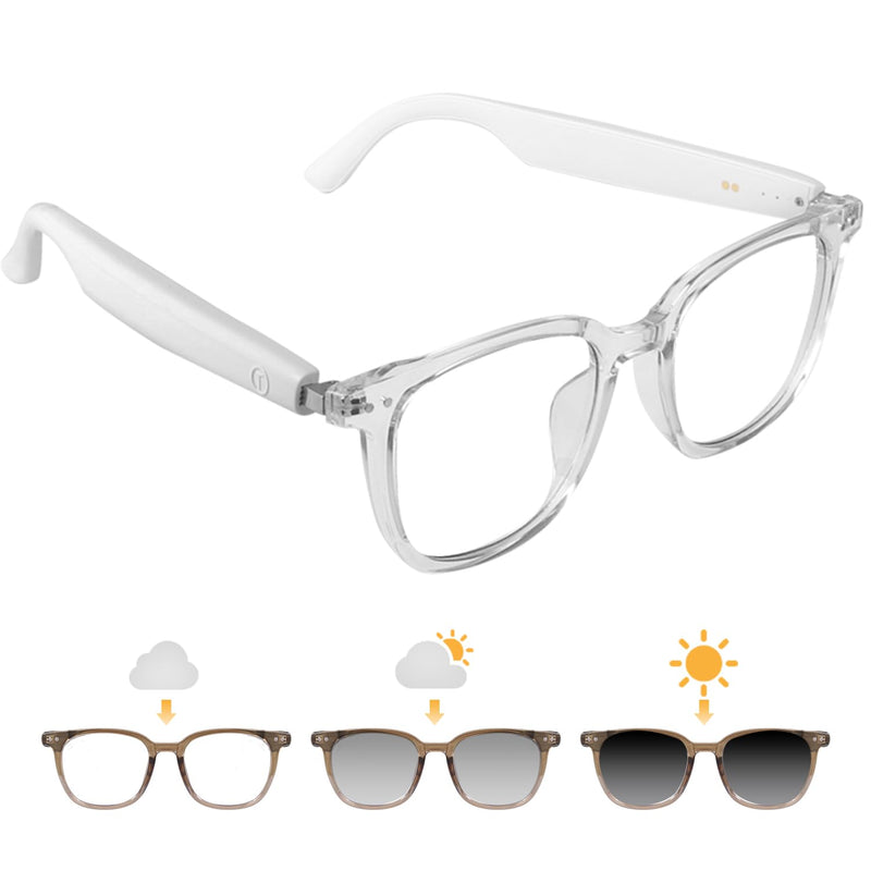 Smart Glasses for Women Men, Bluetooth Glasses with Photochromic Lenses Touch Control Voice Assistant for Clear Audio Remote Photography, Transparent frame and white legs, Perfect for Indoor Outdoor Gs07 Smart Glasses-clear