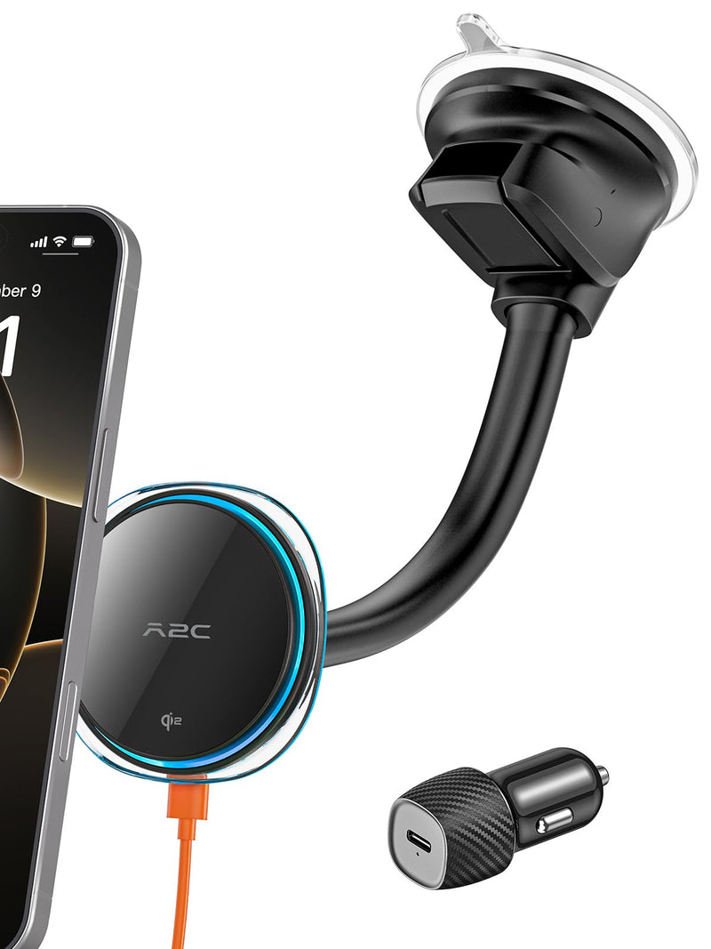 A2C for Qi2 15W MagSafe Car Mount Charger, Magnetic Phone Holder for Car Windshield/Dash - Semiconductor Cooler, LED Indicator, Fast Charging Wireless Car Charger for iPhone 17 16-12 [with PD Adapter]