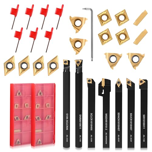 21PCS Indexable Lathe Turning Tools Set 3/8"10mm Shanks,7Pcs Metal Turning Tool Holders & 14Pcs Carbide Inserts for Turning,Grooving,Threading,Boring bar,and Cutting Tool 7pcs 3/8"10mm Shanks+14pcs Inserts