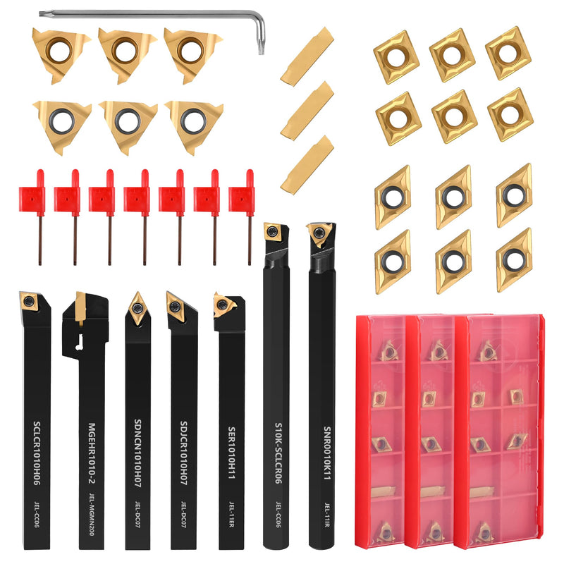 VerRich 28PCS Kit Indexable Lathe Turning Tools,7PCS 3/8"10mm Shank Boring Bar Metal Turning Tool Holder with 21PCS Carbide Inserts for Boring Cutting Grooving Turning Threading 7PCS 3/8"10mm Holders+21PCS Inserts