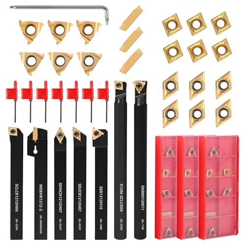 VerRich 28Pcs Kit Indexable Lathe Turning Tools,7PCS 1/2"12mm Shank Boring Bar Metal Turning Tool Holder with 21pcs Carbide Inserts for Boring Cutting Grooving Turning Threading 7PCS 1/2"12mm Holders+21PCS Inserts