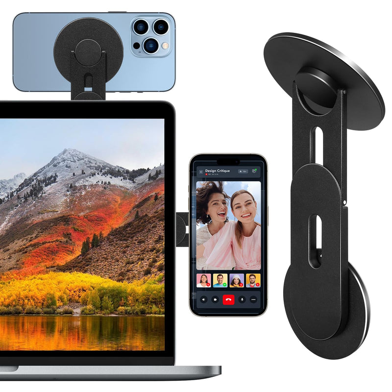 Magnetic Laptop Phone Mount Designed for Magsafe iPhone 16/15/14/13/12 MagSafe Samsung HTC, Adjustable Phone Monitor Side Mount, Slim Portable Foldable Computer Expansion Bracket Black