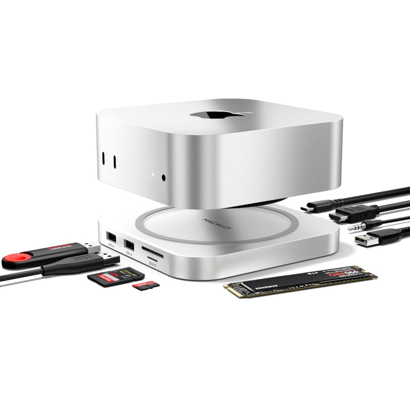 Macally Mac mini M4 Dock and Stand, Mac mini M4 Hub with NVMe/SATA SSD Enclosure, 4K HDMI 60hz, 3 USB A 10Gbps, USB C Data Port, SD Card Reader, 3.5mm Audio Jack