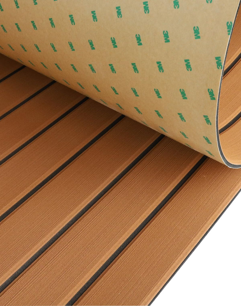 Hjdeck Boat Flooring EVA Foam Boat Decking with 3M Self-Adhesive Backing Non-Slip Boat Foam Flooring Marine Carpet DIY Faux Teak Sheet for Yacht Jon Boat Kayak Motorboat SUP Ramp RV Floor Helm Pad 47.2"x 16.1" - 5.2sqft Brown with Black Seam