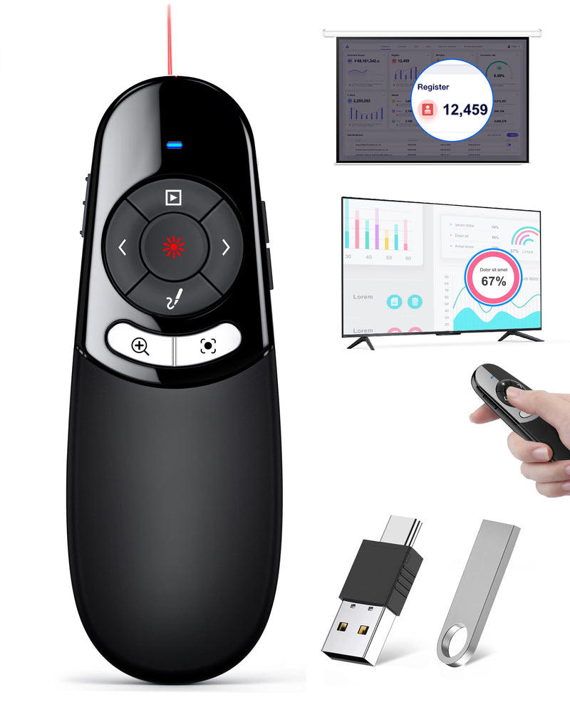 2IN1 Laser Pointer Digital Presentation Clicker on TV Screen w USB Flash Drive, Highlight Clicker for Powerpoint Presentation USB C A for Laptop MacBook Computer, PPT Clicker for Office Classroom Physical & Digital on TV