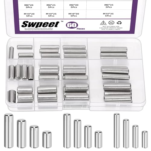 Swpeet 60Pcs M6 M8 M10 304 Stainless Steel Dowel Pin Assortment Kit, Cylindrical Shelf Support Peg Pin Rod Fasten Elements for Maintenance and Connection (with A Storage Box )