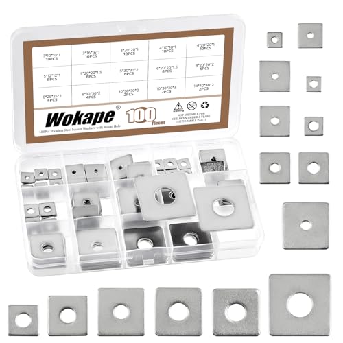 100Pcs Square Washer Kit M3 M4 M5 M6 M8 M10 M14(1/8" 1-1/2" 3/16" 1/4" 5/16" 3/8" 5-1/2") 304 Stainless Steel Rectangular Plate Washers, Square Flat Washers with Round Hole for Bolts/Nuts