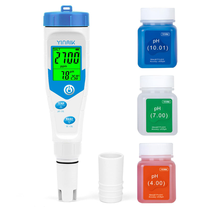 YINMIK pH Meter Water, Pool pH Salt Meter with pH Calibration Solution | pH PPM Simultaneous Display for Drinking Water, Digital pH EC Meter for Hydroponics, TDS Conductivity Tester for Koi Ponds blue pH meter