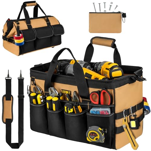 27 Pockets Tool Bags for Men,16-Inch Heavy Duty Tool Bag,Large Toolbag Tool Box Organizer,Portable Toolbox Tools Tote Carrying Case for Mechanic,Electrician,Father Day Gifts for Him Dad Men,Brown 16 Inch Black+Brown