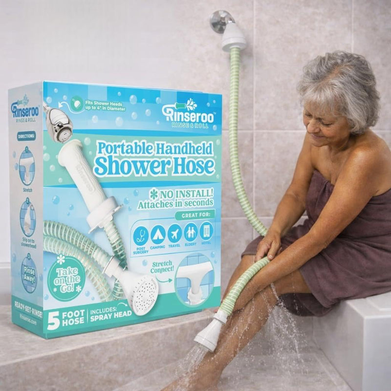 Rinseroo: Slip-On Handheld Shower Attachment Hose w/Spray Head-for Seated Bathing. Converts Fixed Shower Head into Handheld Bather. Portable, No-Install Shower Hose Wand for Seniors, RV. Gravity fed. 5 Feet