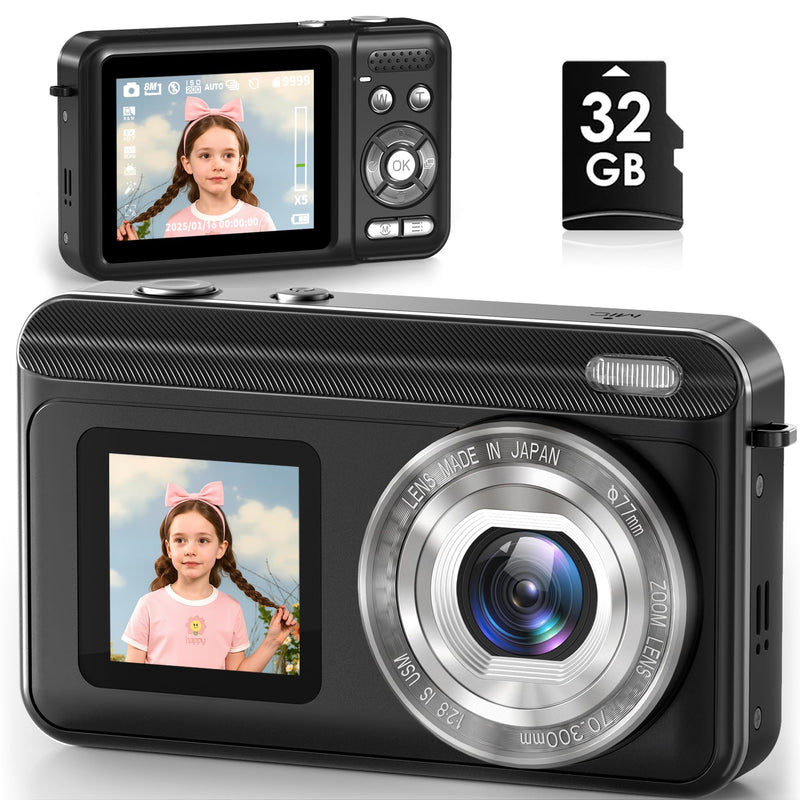 Digital Camera, Real 2.7K Dual-Screen Digital Camera for Photography Auto-Focus Vlogging Camera for YouTube Video 16x Zoom 32GB SD Card Anti Shake Compact Camera for Student Teen Boys Girls Kids Black