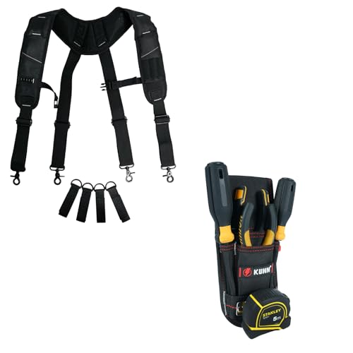 KUNN Tool Belt Suspenders Padded Carpenter Construction Electrician Work Suspender with Attachment Loops for Men + Tool Pouch with Belt Clip, Utility Small Tool Organizer with Tape Measure Holder