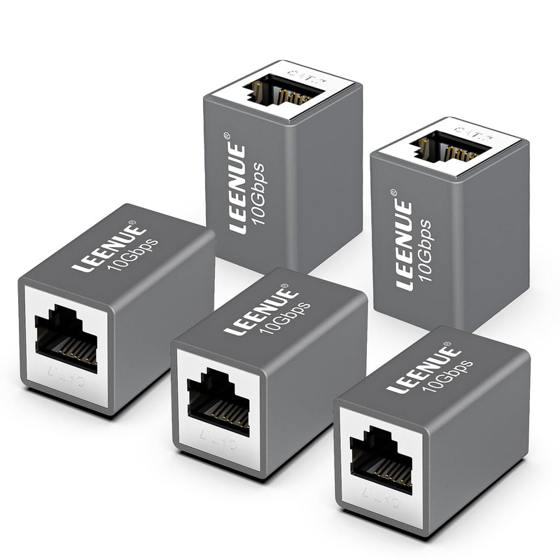 Ethernet Coupler Female to Female, 10Gbps/600MHz, Gold-pated RJ45 Coupler, Shielded Ethernet Connector for Cat7/ Cat6/ Cat5/ Cat5e Network Cable POE, Silver Grey 5-Pack