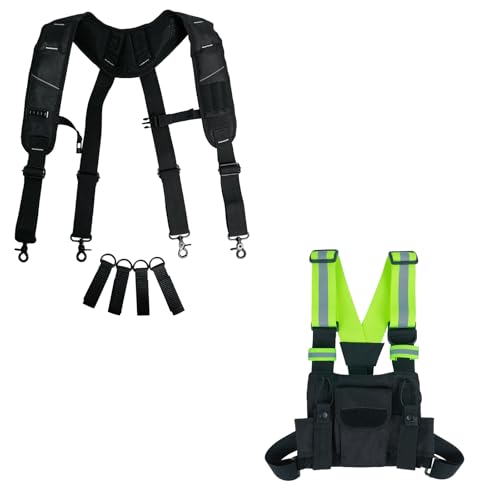 KUNN Tool Belt Suspenders Padded Carpenter Construction Electrician Work Suspender with Attachment Loops for Men + Radio Chest Harness with Reflective Straps, Micro Chest Rig Harness Chest Pack