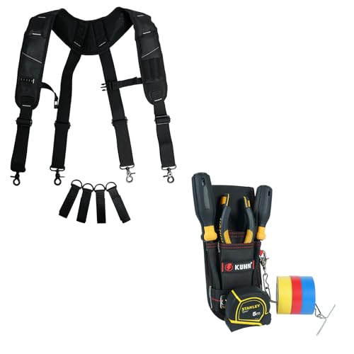 KUNN Tool Belt Suspenders Padded Carpenter Construction Electrician Work Suspender with Attachment Loops for Men + Small Tool Pouch with Belt Clip, Utility Tool Organizer with Tape Measure Holder