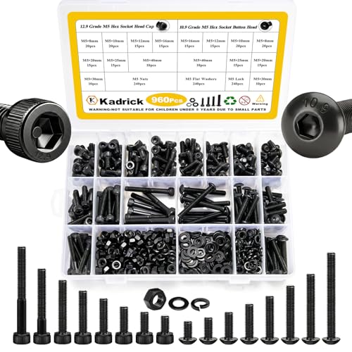 KADRICK 960PCS M5 Screws Assortment,Hex Socket Button & Cap Head M5 Bolts M5 960Pcs 8-40mm