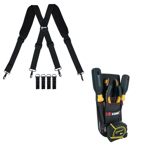 KUNN Tactical Duty Belt Suspenders with Metal Hook,Men Padded Police Harness for Duty Belt,Black + Tool Pouch with Belt Clip, Utility Small Tool Organizer with Tape Measure Holder