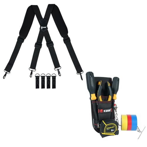 KUNN Tactical Duty Belt Suspenders with Metal Hook,Men Padded Police Harness for Duty Belt,Black + Small Tool Pouch with Belt Clip, Utility Tool Organizer with Tape Measure Holder