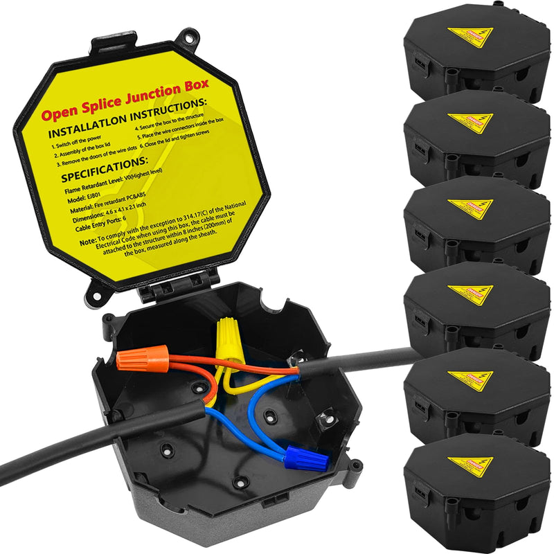 MIARALA Black Open Splice Junction Box (6 Pack) | Splice Box Wire Electrical Junction Box with Cover V0 Flame Retardant Rating(Highest Level) 6 pack