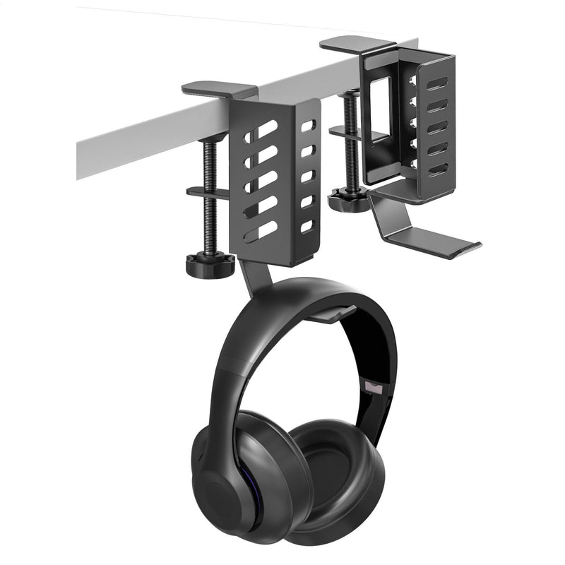 Adjustable Desk Side Laptop Holder with Headphone Stand - No Drill Clamp Organizer for Laptops, Tablets, Keyboards (Black) - Sturdy Steel & Silicone Pad Protection Black
