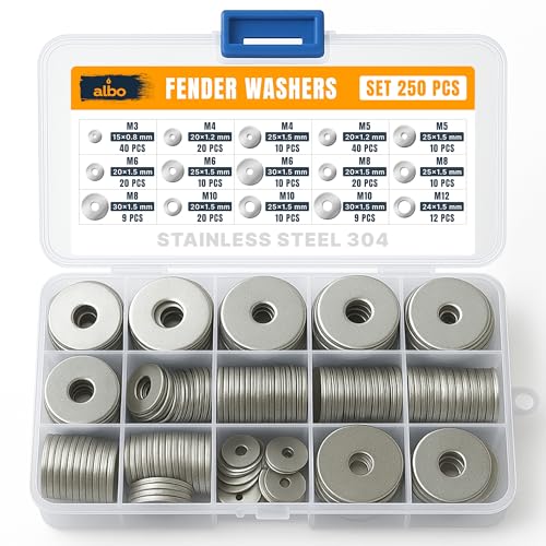 ALBO 250 Pcs 304 Stainless Steel Metric Fender Washers, 7 Sizes Set 250pcs