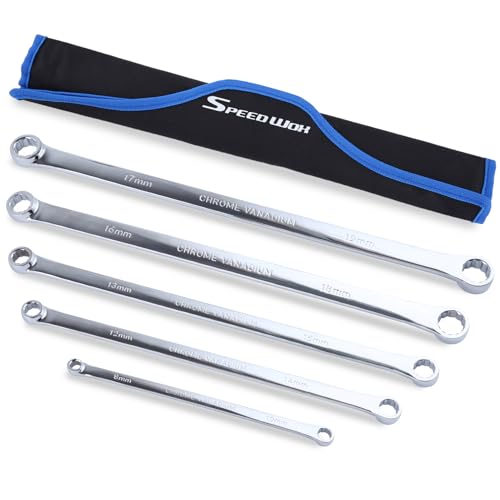 SPEEDWOX 5PCS Extra Long Double Box End Wrench Set Chrome Vanadium Steel Wrenches Mirror polished 8mm, 10mm, 12mm, 13mm, 14mm, 15mm, 16mm, 17mm, 18mm, 19mm, Organized in Rolling Pouch 5PCS Set (8*10, 12*14, 13*15, 16*18, 17*19)