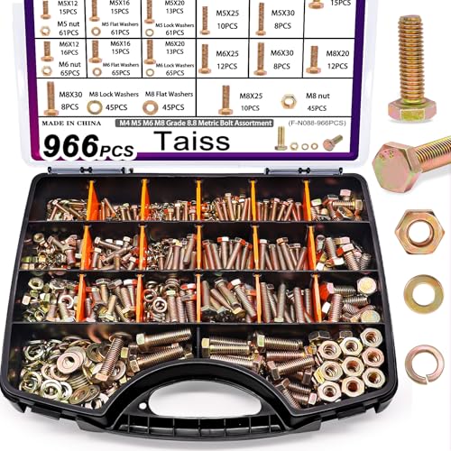 Taiss 966pcs Metric Bolt Assortment Grade 8.8 Heavy Duty,M4 M5 M6 M8 Hex Metric Bolts and Nuts Kit (12-30mm)+30 Sets 1/4-20 x 3/4" Furniture Screw Nut Threaded Inserts for Wood