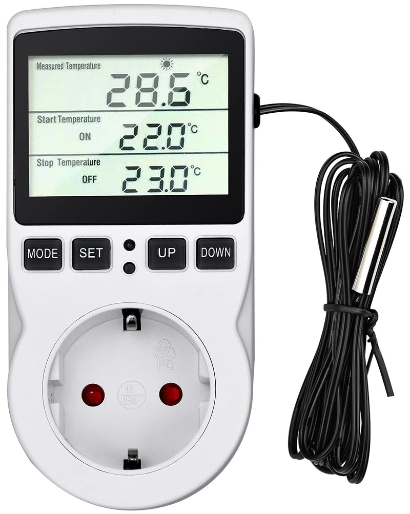 Temperature Controller 230V Digital Thermostat Socket Plug Thermostat with Sensor Timer Switch Temperature Socket Heating Cooling for Greenhouse Electric Blanket Water Tank