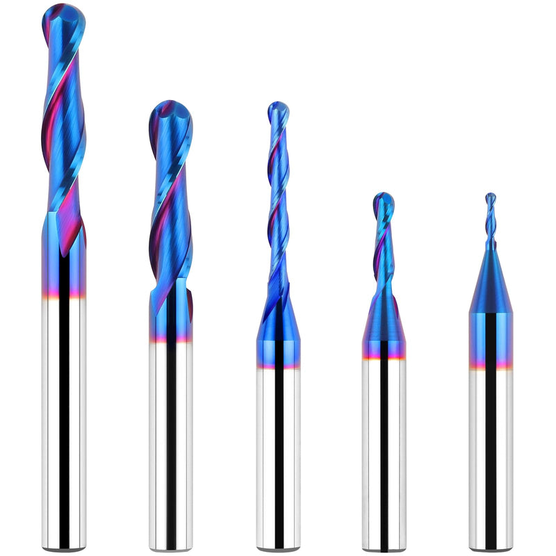 EANOSIC 1/4 Inch Shank Carbide Ball Nose End Mill Set (5 Pieces), CNC Router bits Milling Tools with Nano Blue Coating for Side Milling, End Milling, Finish Machining 5 PCS Ball Nose Set