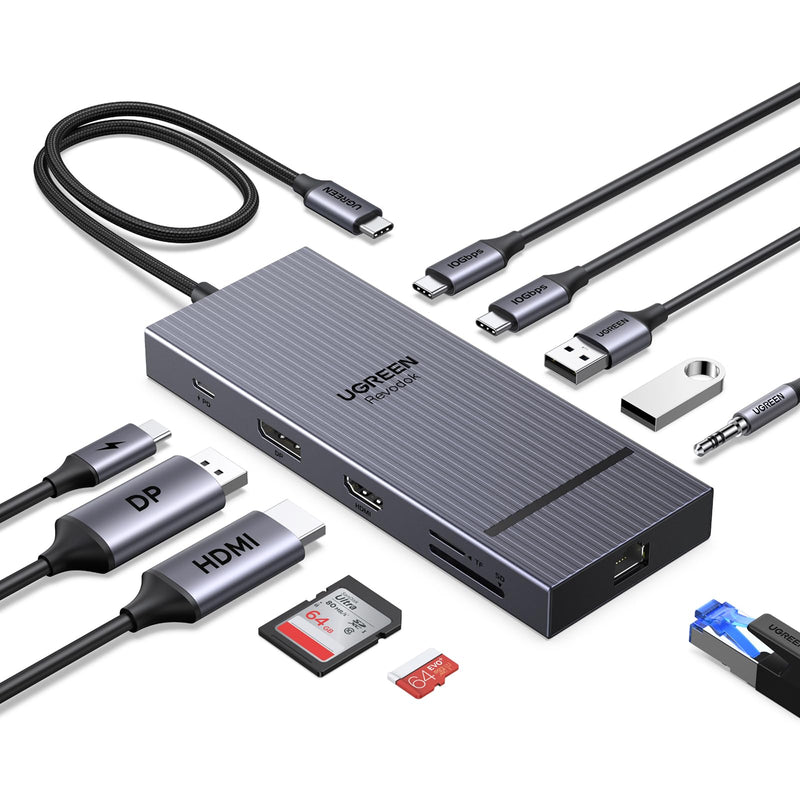 UGREEN Revodock Pro 11-in-1 Docking Station: 4K@120Hz DP+HDMI, Dual 10Gbps USB-C, 100W PD, SD/TF, Gigabit Ethernet, 3.5mm Audio, Aluminum Body for MacBook/Dell/HP/Lenovo