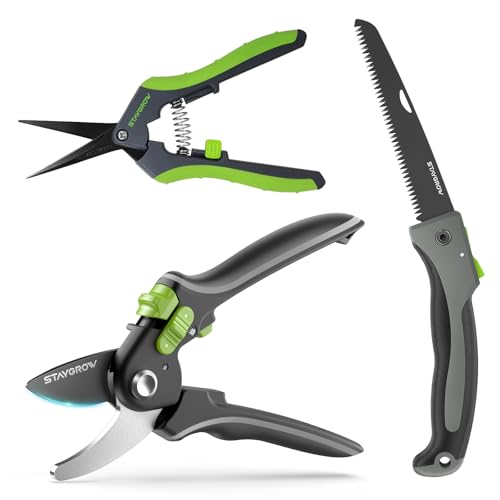 8.5" Bypass Pruning Shears & 6.5" Straight Trimming Scissors and 7" Folding Hand Pruning Saw Set Ideal Gardening Gifts