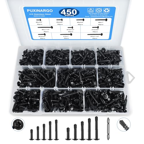 450PCS Self Tapping Screws for Metal,410 Stainless Steel Truss Head High-Strength Quick Tapping with Phillips, Lengths 1/2“ to 1-1/4",#8#10 Black Truss Head Sheet Metal Self Drilling Screws Black-451PCS