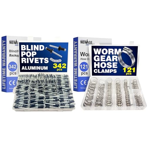 New Age America® 342pcs Blind Pop Rivets & Backup Washers | Hose Clamps Assortment & Tool | 3/32" to 1/4" | 1/4" to 1-1/2" | SAE Size Aluminum Rivets | Small Hose Clamps | Rivet Kit w Steel Mandrel