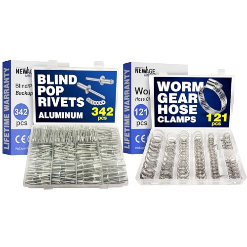 New Age America® 342pcs Blind Pop Rivets & Backup Washers | Hose Clamps Assortment & Tool | 3/32" to 1/4" | 1/4" to 1-1/2" | SAE Size Aluminum Rivets | Small Hose Clamps | Rivet Kit w Steel Mandrel