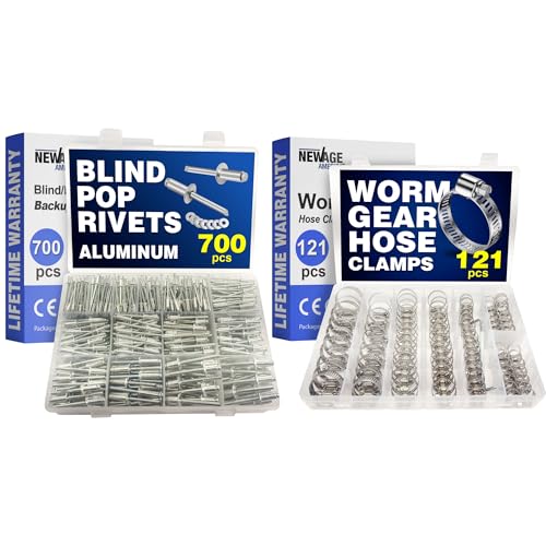 New Age America® 700pcs Blind Pop Rivets & Backup Washers | Hose Clamps Assortment & Tool | 3/32" to 1/4" | 1/4" to 1-1/2" | SAE Size Aluminum Rivets | Small Hose Clamps | Rivet Kit w Steel Mandrel