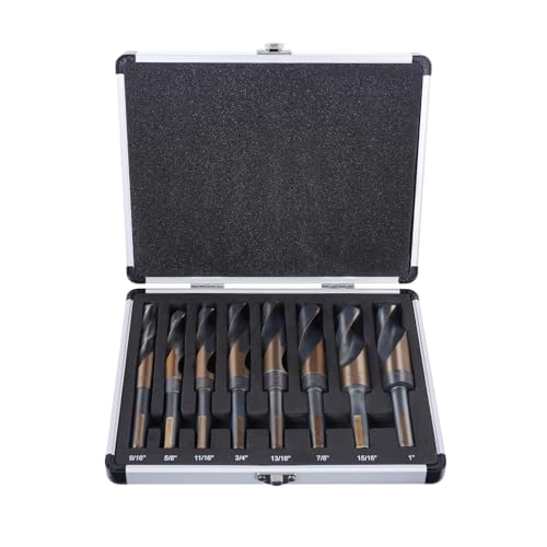 Reduced Shank Drill Bits Set, 8 Pcs Silver and Deming Large Drill Bit Set with Aluminum Index Case, M2 Black and Gold Finish HSS, 135-Degree Split Point for Smooth Drilling, 9/16” - 1” 8PCS