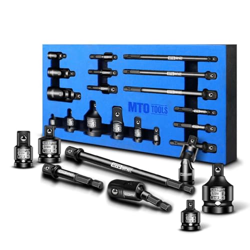 MTO 18-Piece Impact Socket Adapter & Universal Joint Set, 1/4", 3/8" & 1/2" Drive Hex Shank Drill Bit with Standard, Long & Swivel Types, for Impact Wrench & Driver