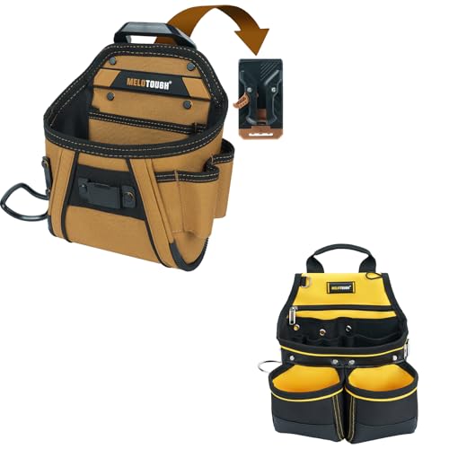 MELOTOUGH Electrican Tool Pouch Belt Clip Nail Work Pouch Tool Belt Pouches Utility Tool Organizer Pouch with Hammer Holder + Carpenter Tool Pouch with 10 Pockets,Electrician Tool Pouch