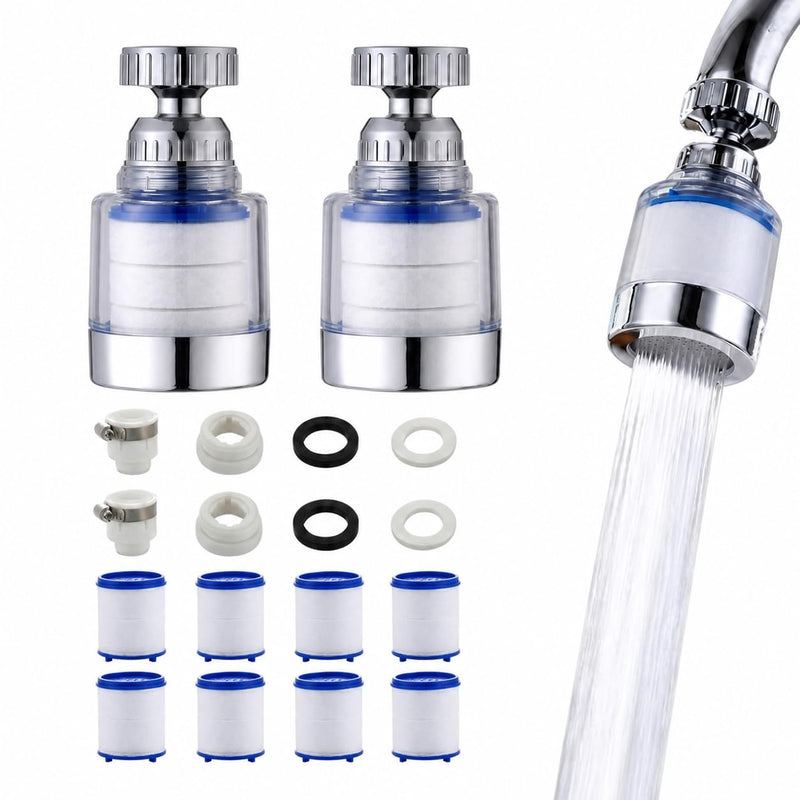 Pack of 2 Tap Descaler Attachment, 360° Water Filter, House Connection with 8 High Performance Filters, Universal Limescale Filter, Tap Descaler Attachment for Kitchen, Sink, Home Bathroom